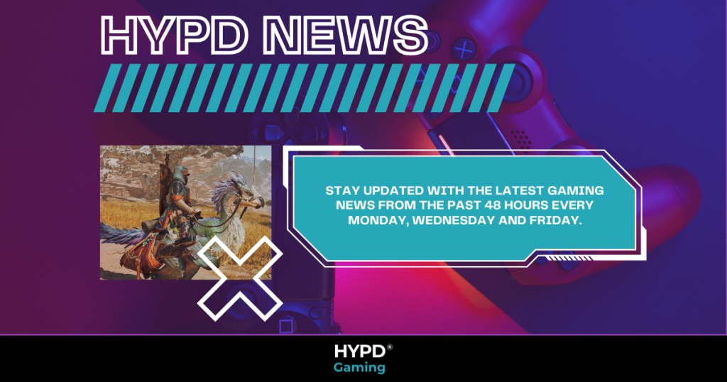 HYPD News banner featuring gaming world updates, with a Monster Hunter Wilds image and a gaming controller background.