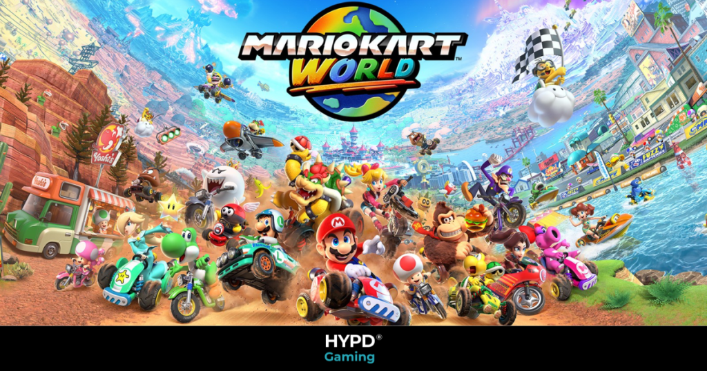Official artwork for Mario Kart World on Switch 2 showing a large cast of characters racing across diverse landscapes and vibrant tracks.