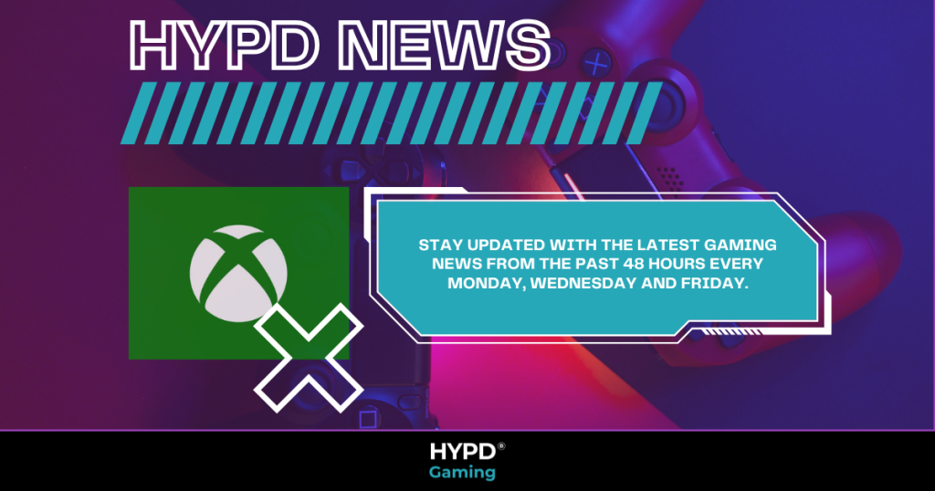 HYPD News graphic promoting 48-hour gaming news updates every Monday, Wednesday, and Friday, featuring Xbox and PlayStation controllers