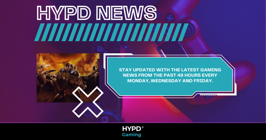 HYPD News graphic promoting gaming news updates every 48 hours with a Gears of War image and a PlayStation controller background