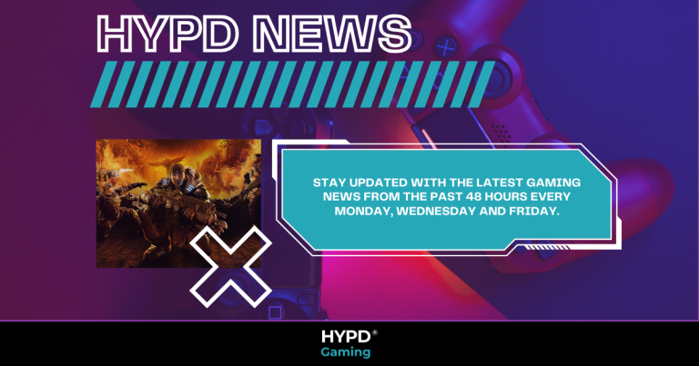 HYPD News graphic promoting gaming news updates every 48 hours with a Gears of War image and a PlayStation controller background