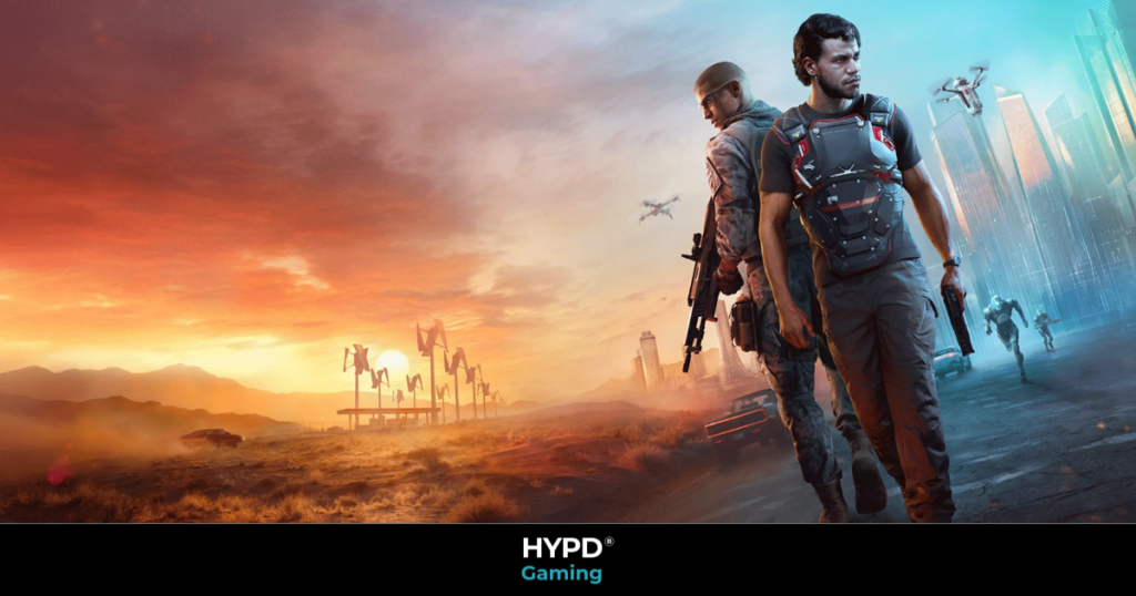 Two armed characters stand back-to-back between a desert sunset and a futuristic cityscape in MindsEye’s surreal world.