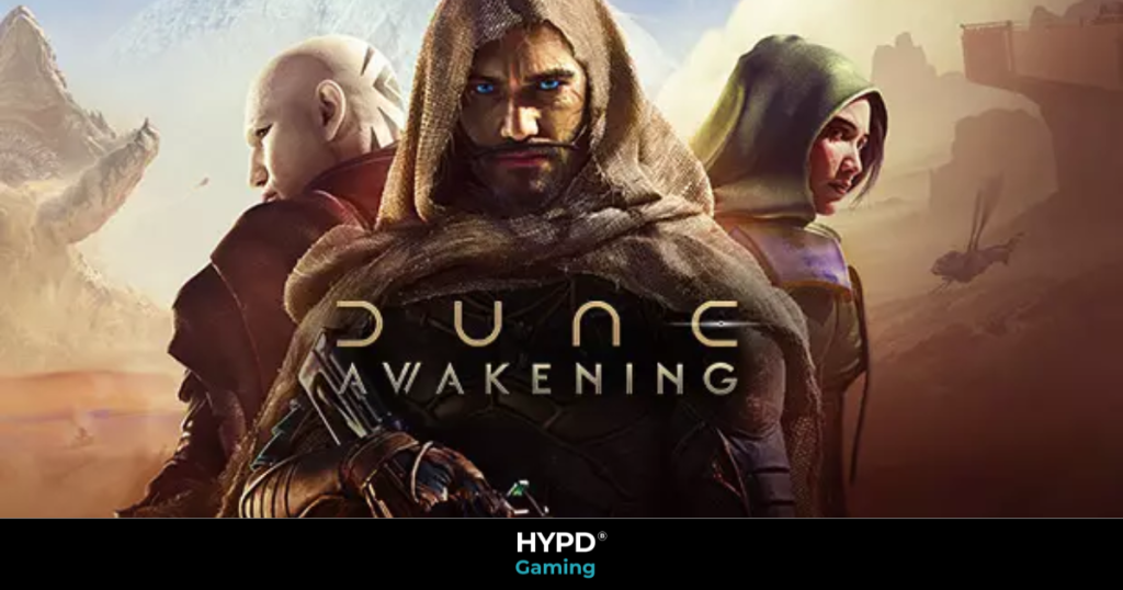 Promotional artwork for Dune: Awakening featuring three main characters against a desert backdrop with sandworms and ornithopters