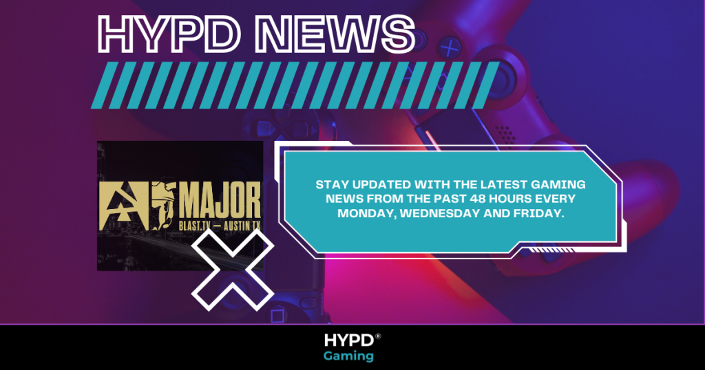 HYPD News graphic promoting gaming news updates every Monday, Wednesday, and Friday, featuring BLAST Austin Major and a PlayStation controller.