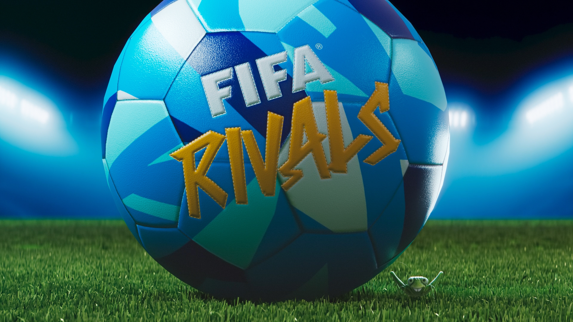 Gaming World News: Close-up of a blue and yellow football with the FIFA Rivals logo on a lit stadium pitch at night