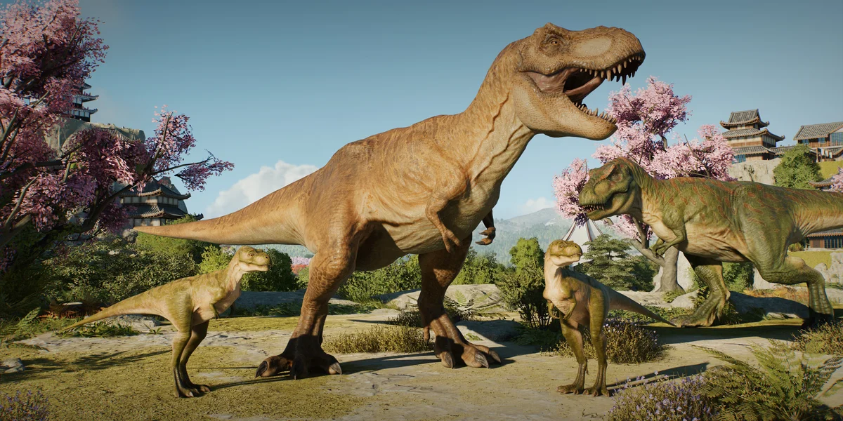 Gaming World News: A family of T-Rex dinosaurs roaming in Jurassic World Evolution 3, surrounded by cherry blossom trees and traditional Japanese buildings.