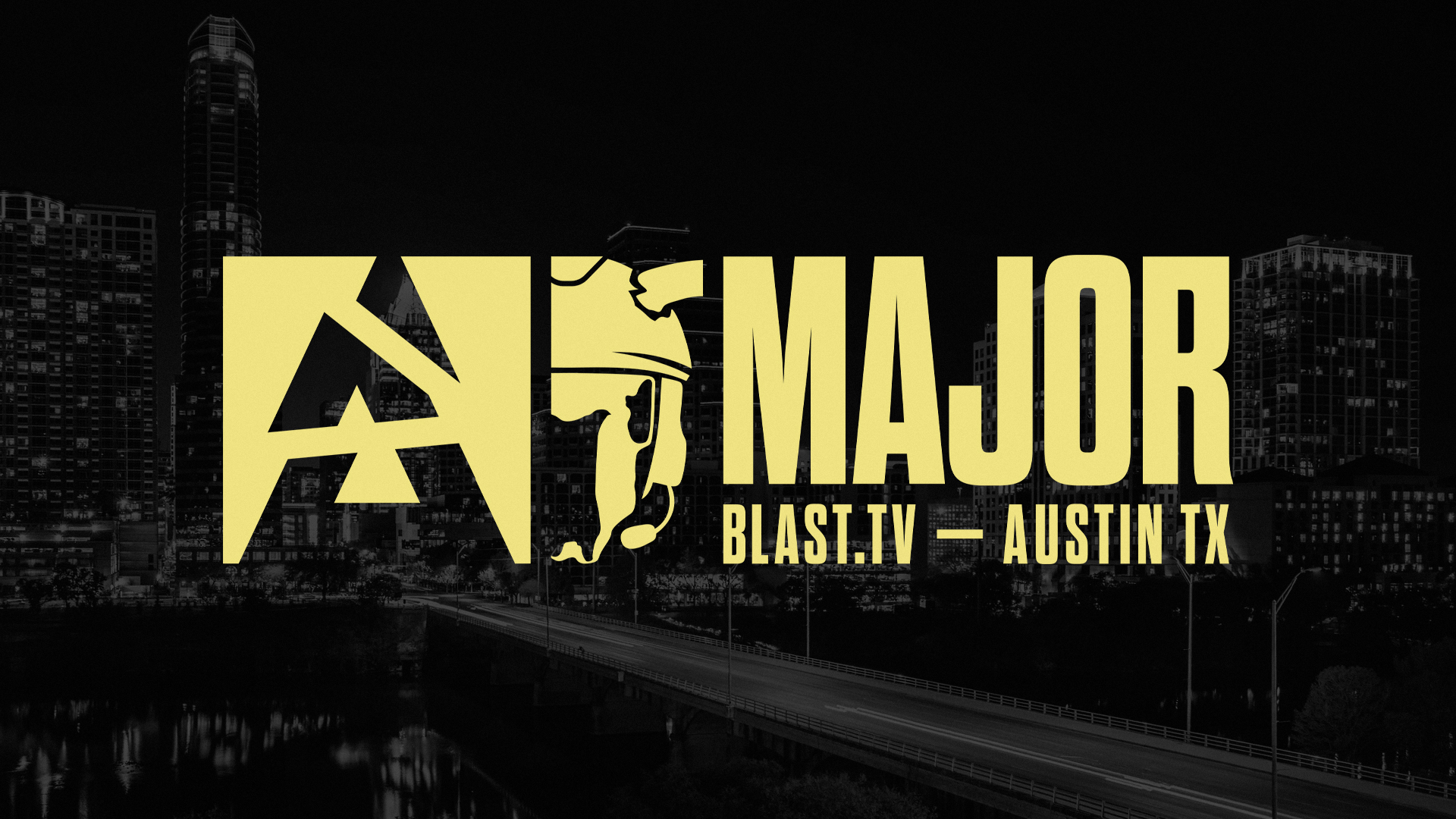 Gaming World News: BLAST Austin Major 2025 logo with yellow text and city skyline background in Austin, Texas.
