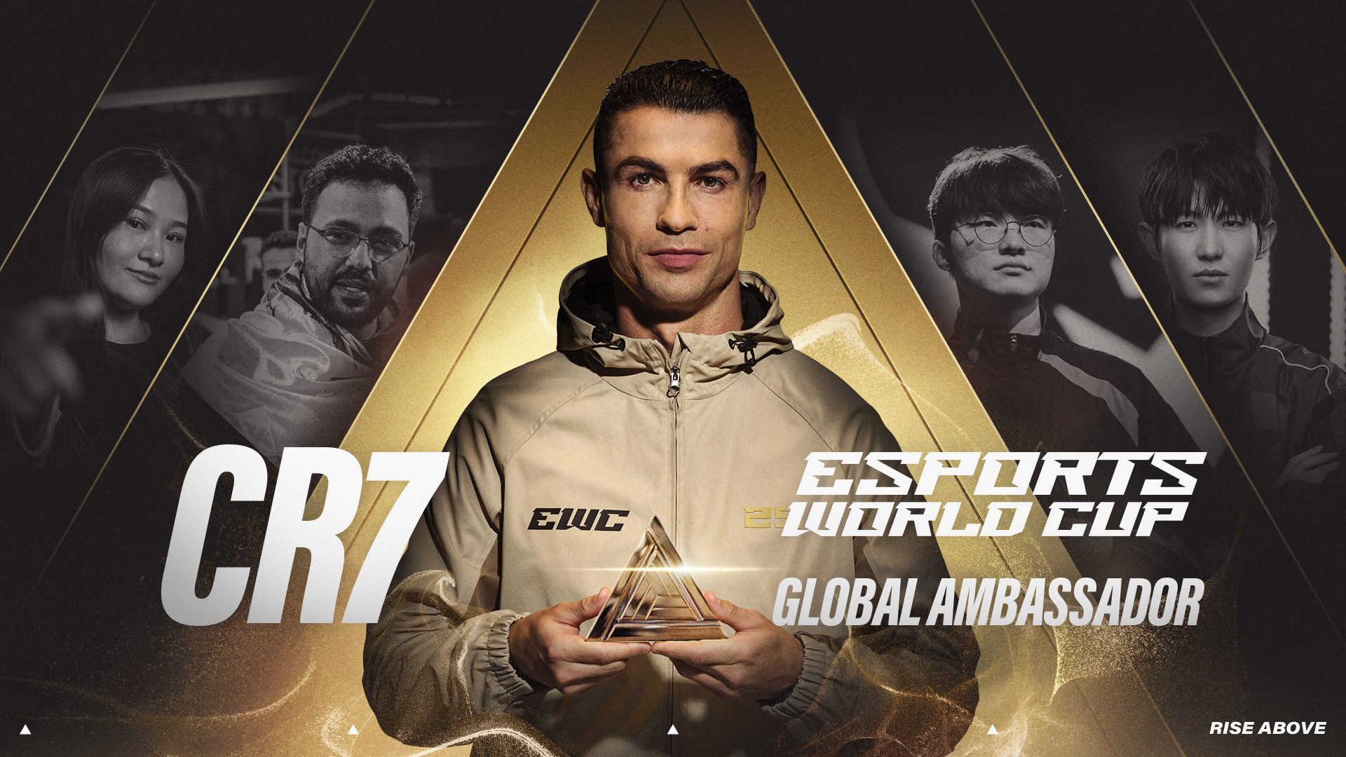 Gaming World News: Cristiano Ronaldo holding a golden triangle trophy, featured as the global ambassador for the Esports World Cup 2025, with pro gamers in the background