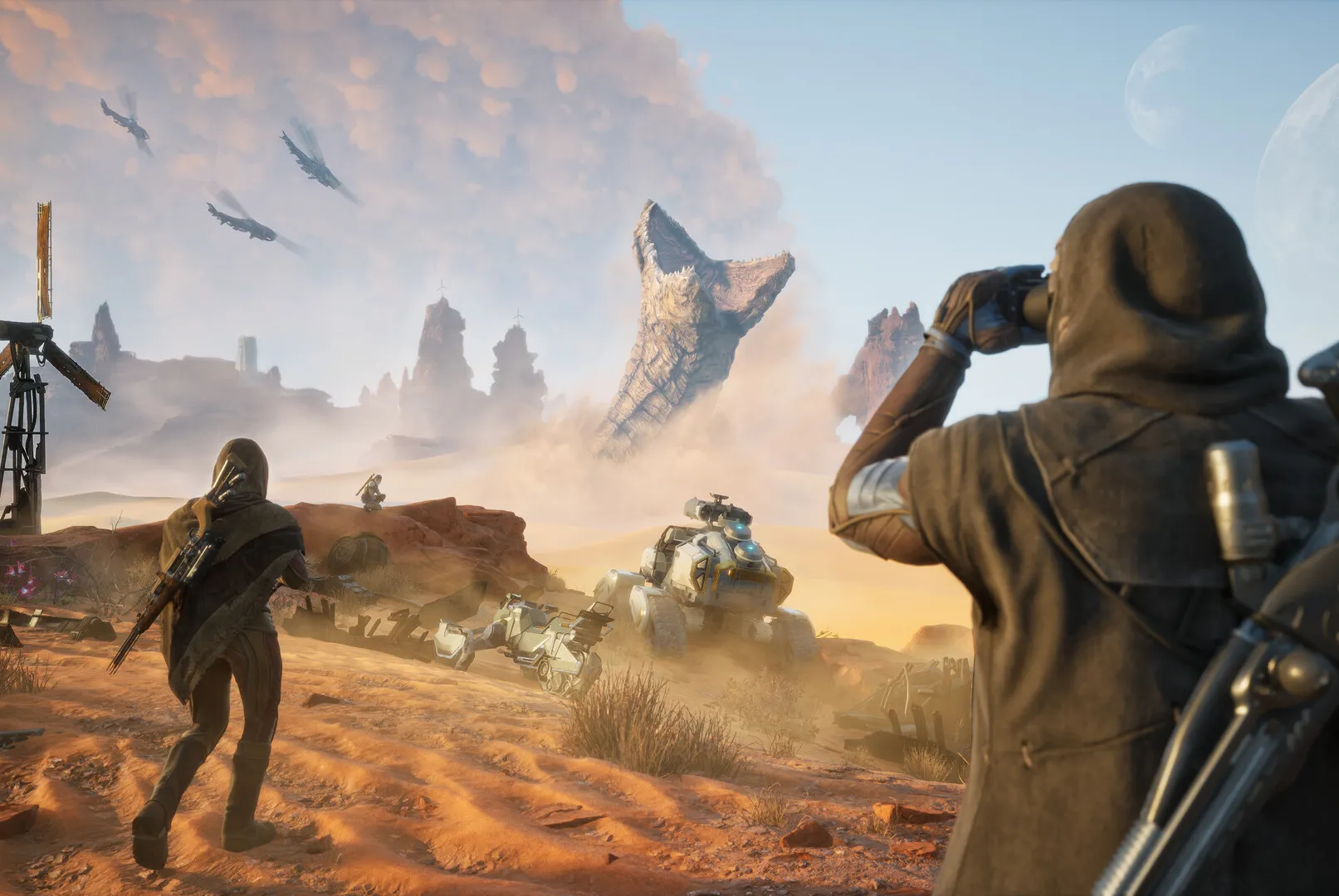 Players witness a giant sandworm erupting in the desert as aircraft fly overhead and vehicles mobilise in Dune: Awakening