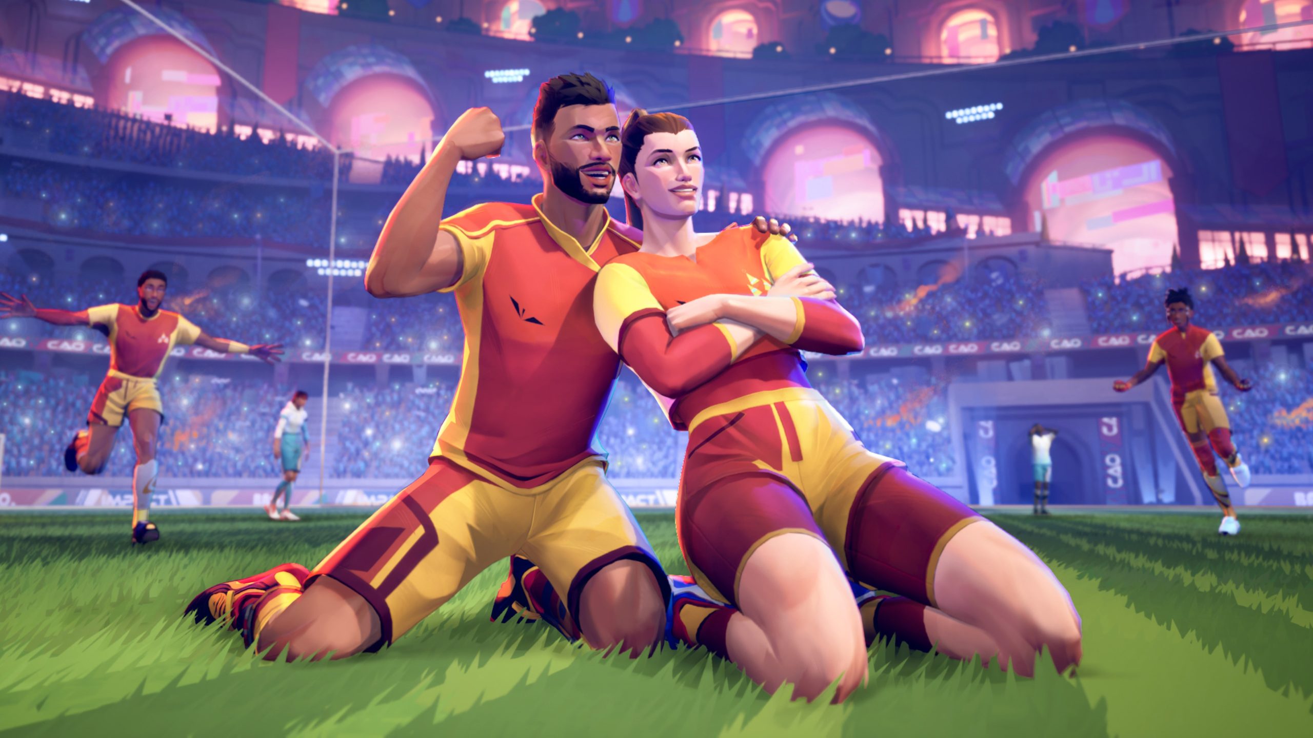 Gaming World News: Animated football players in red and yellow kits celebrating a goal in Rematch, with a cheering stadium crowd in the background.