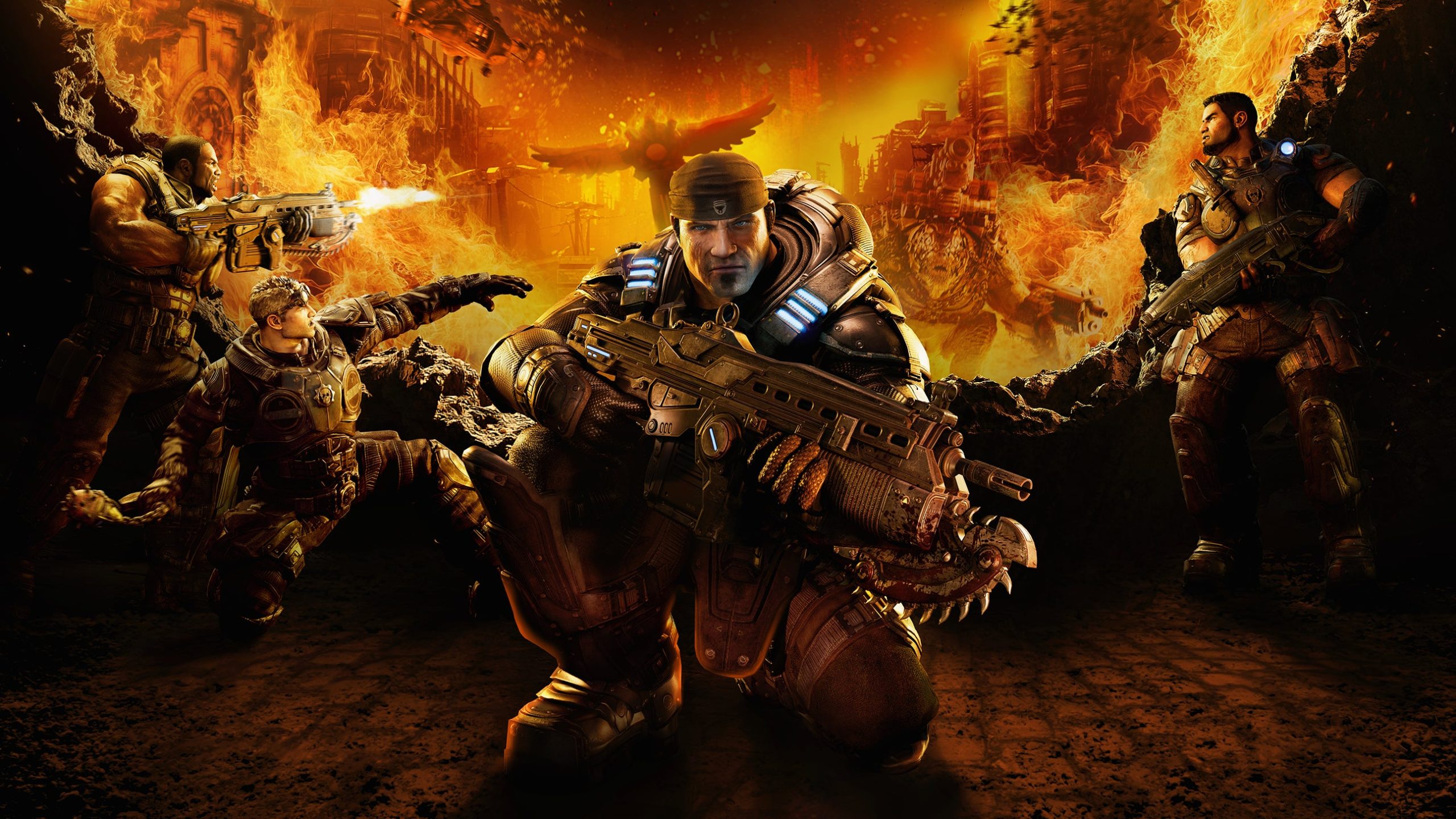 Gaming World News: Intense Gears of War: Reloaded key art featuring Marcus Fenix and COG soldiers in a fiery warzone with weapons drawn
