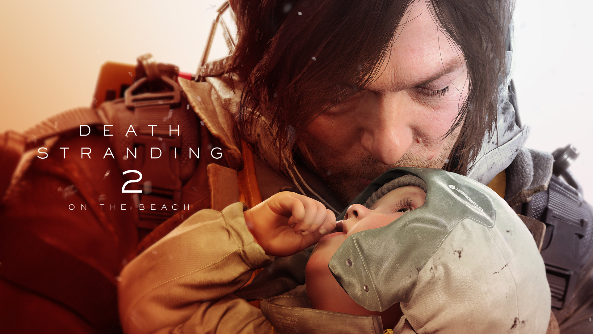 Gaming World News: Norman Reedus as Sam Porter Bridges holding a baby in emotional key art for Death Stranding 2: On the Beach