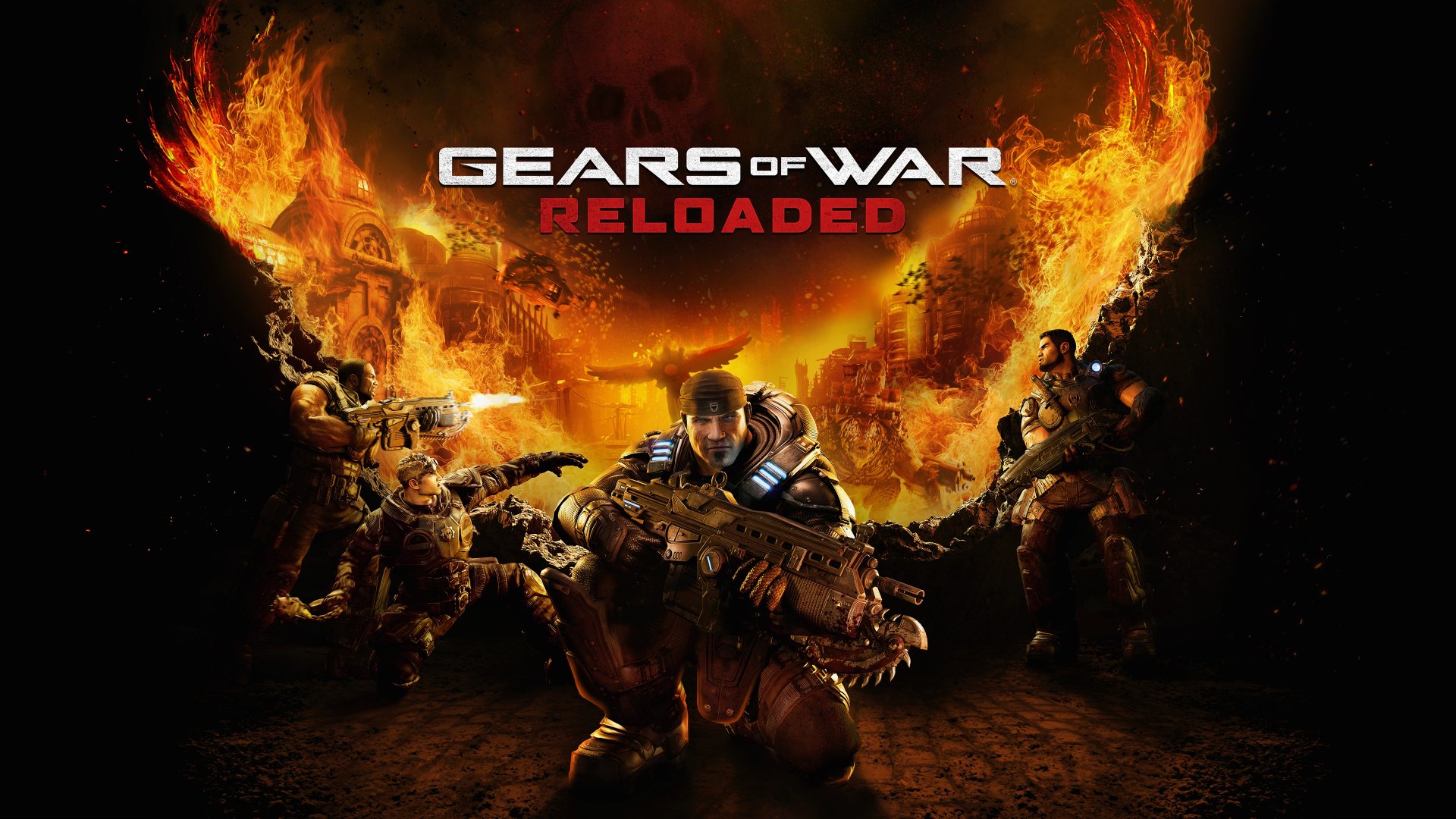 Gaming World News: Key art for Gears of War: Reloaded showing Marcus Fenix and squad in front of a fiery war-torn backdrop with weapons drawn