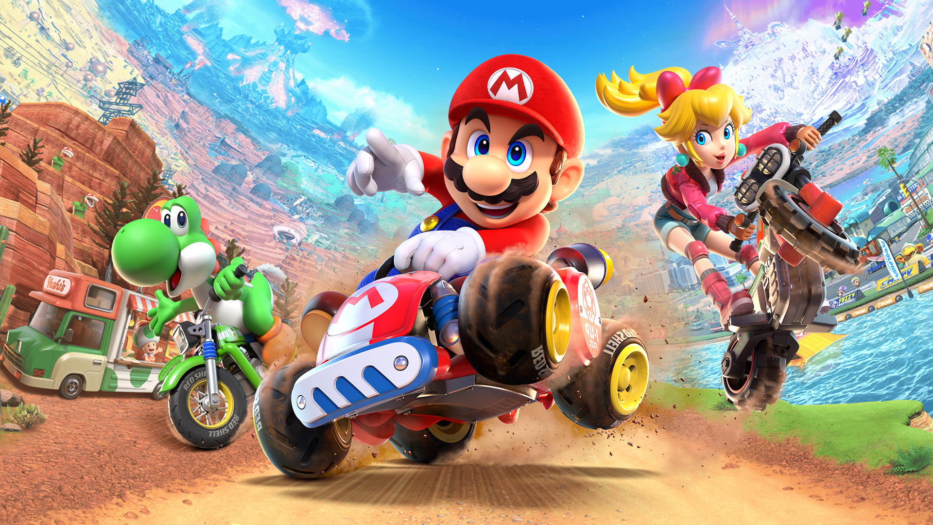 Mario, Peach, and Yoshi in a high-speed race across canyon and coastal tracks in Mario Kart World on the Nintendo Switch 2.