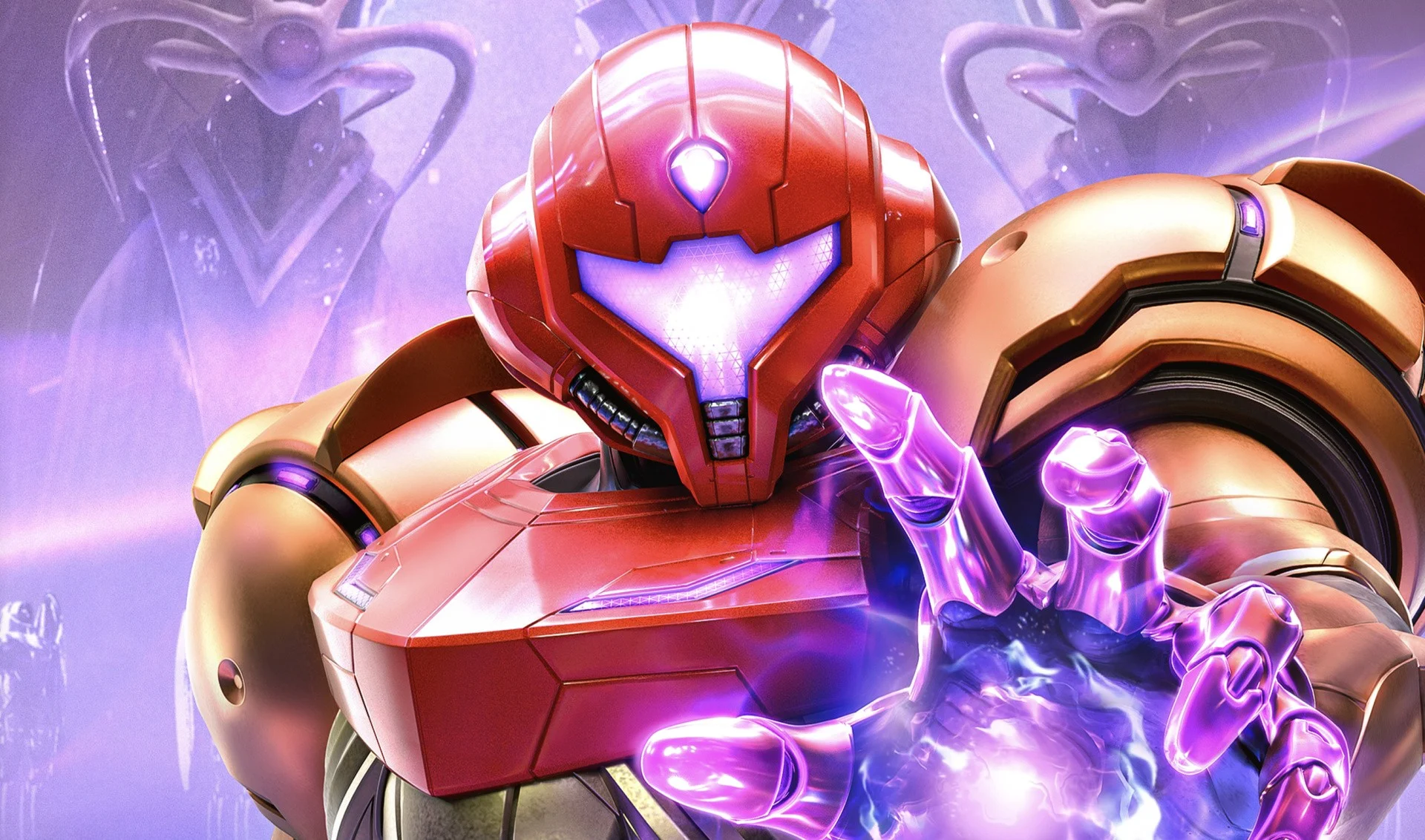Gaming World News: Close-up of Samus Aran in her Power Suit charging a glowing purple energy blast in Metroid Prime 4