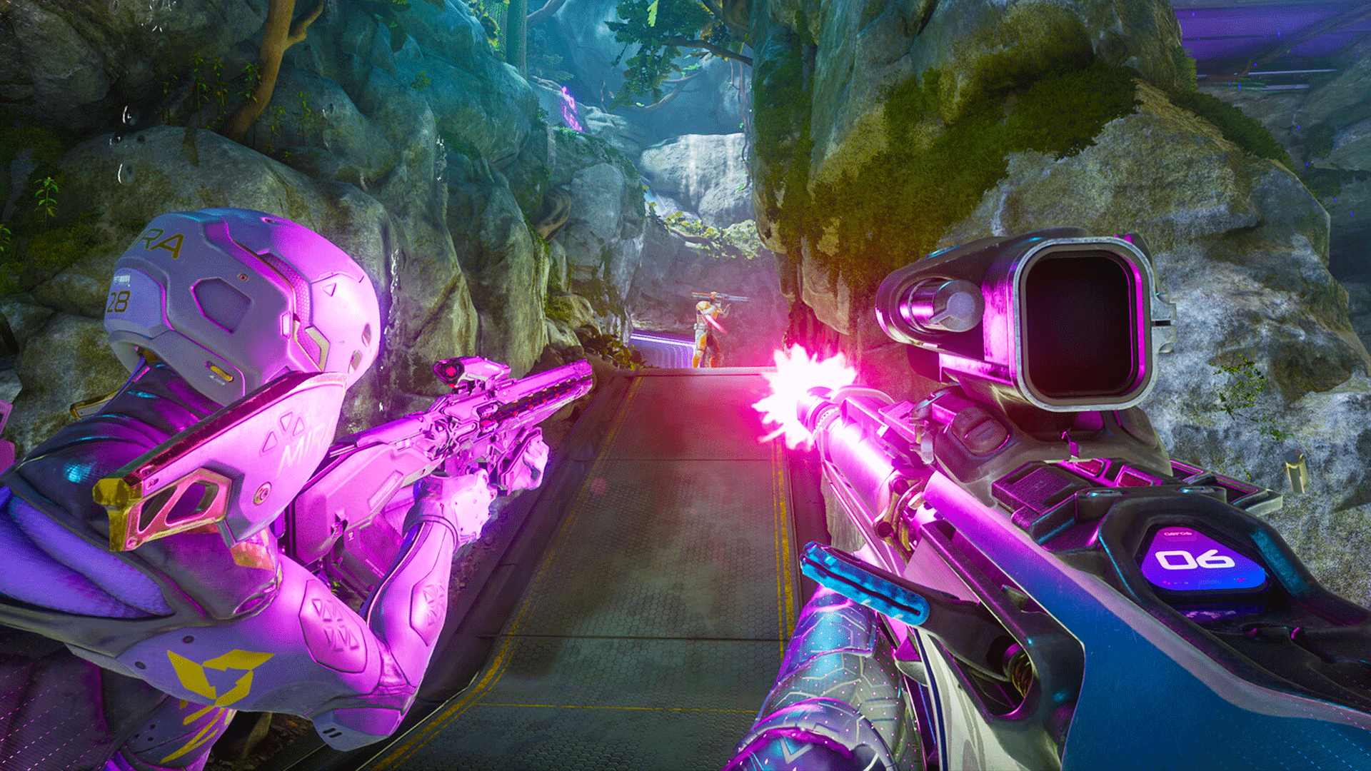First-person Splitgate 2 gameplay showing players in vibrant futuristic armour engaging in portal-based combat in a lush jungle map.