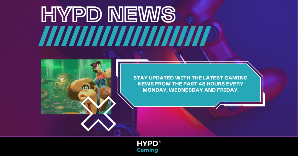 HYPD News banner featuring gaming updates every 48 hours with Donkey Kong Bananza image and a PlayStation controller in the background.