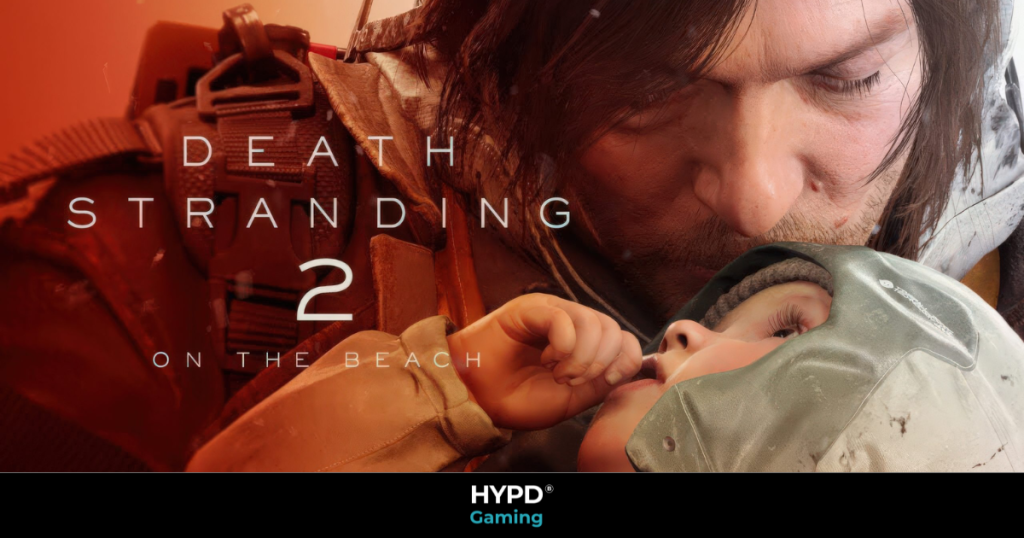 Death Stranding 2: On the Beach cover art featuring Sam Porter Bridges holding and comforting a baby.