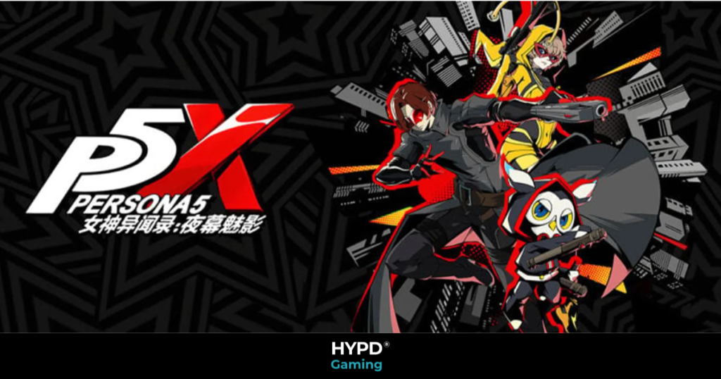Persona 5: The Phantom X artwork showing the protagonist Wonder, owl companion Luffy, and a new Phantom Thieves team in action poses against a bold, stylised cityscape background.