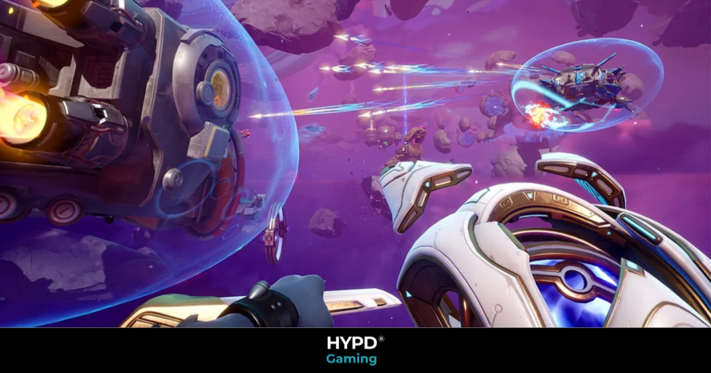 Wildgate game artwork featuring space combat, futuristic ships, and alien characters in a neon-coloured cosmic battlefield.