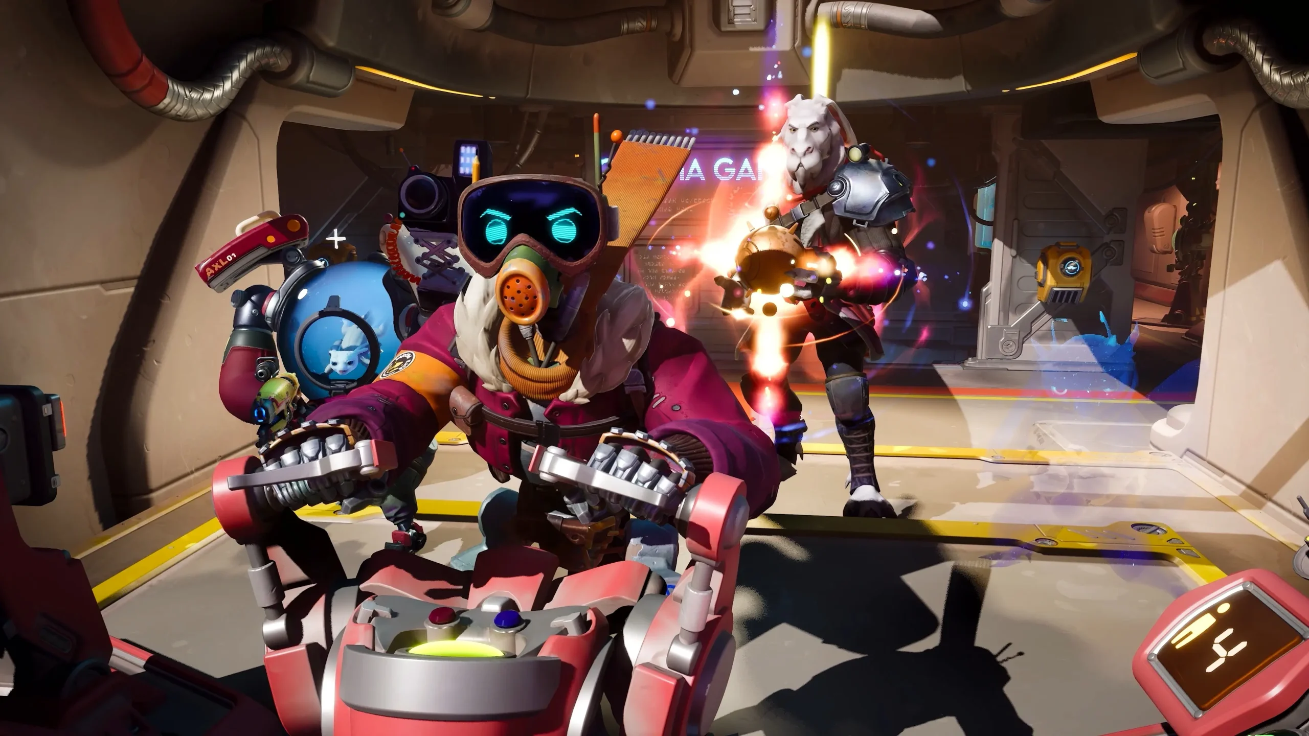 Group of vibrant, sci-fi characters in Wildgate preparing for action inside a space station, featuring futuristic gear, glowing eyes, and diverse alien designs.