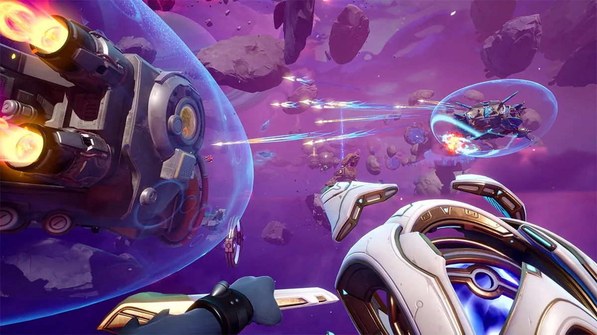 First-person view of Wildgate gameplay showing intense space combat with futuristic ships, energy shields, and laser fire in a purple asteroid field.