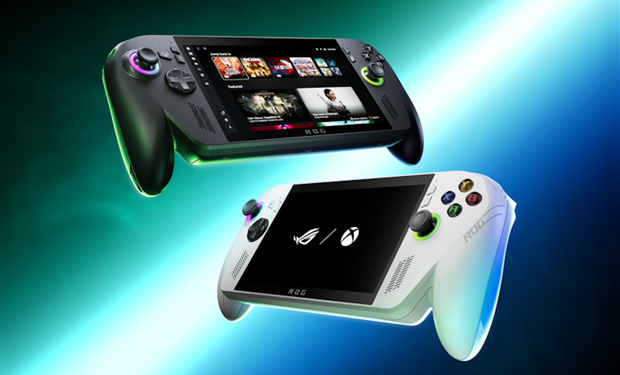 Image of Asus ROG Ally and Ally X handheld gaming consoles, showcasing Xbox-inspired features like quick resume and auto HDR.