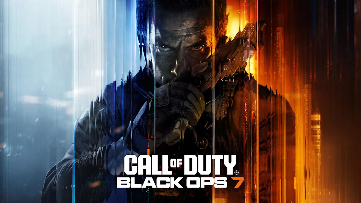 Promotional artwork for Call of Duty: Black Ops 7 revealed at Gamescom 2025, featuring protagonist with futuristic weapon
