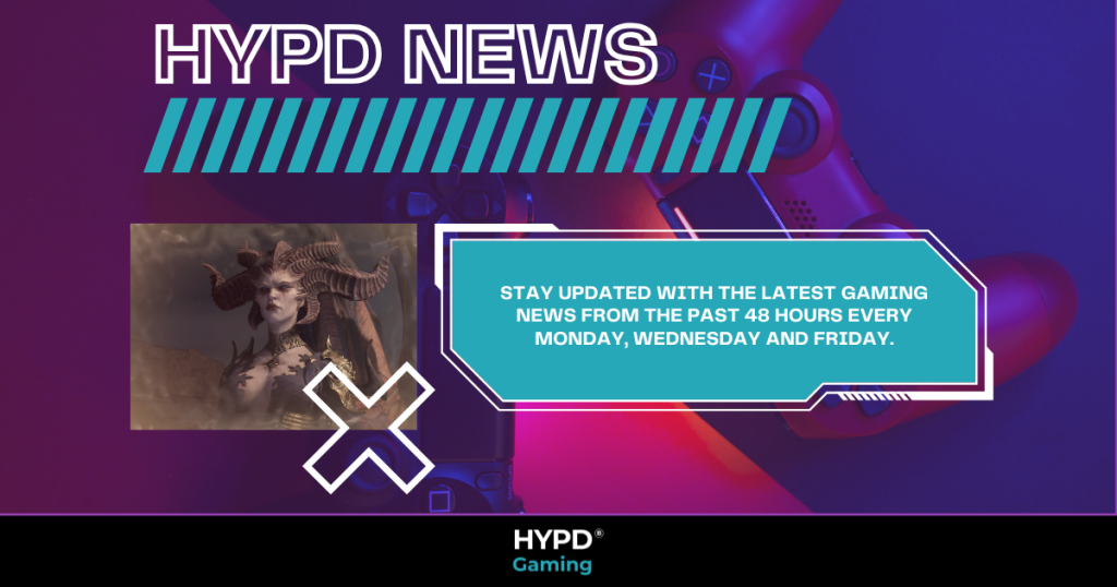 Promotional graphic for HYPD News featuring a PlayStation controller, Diablo 4’s Lilith, and a message about bi-weekly gaming news updates.
