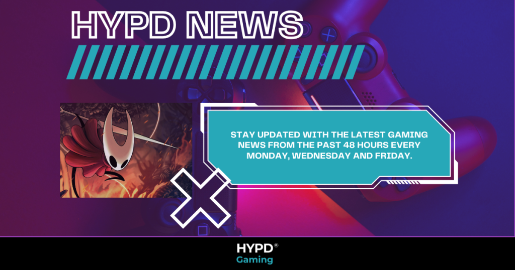 Promotional graphic for HYPD Gaming World News, featuring Hollow Knight: Silksong artwork and a reminder of updates every Monday, Wednesday, and Friday.