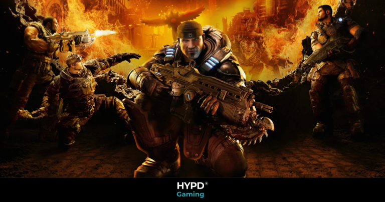 Marcus Fenix and squad battling Locust in fiery battleground from Gears of War Reloaded