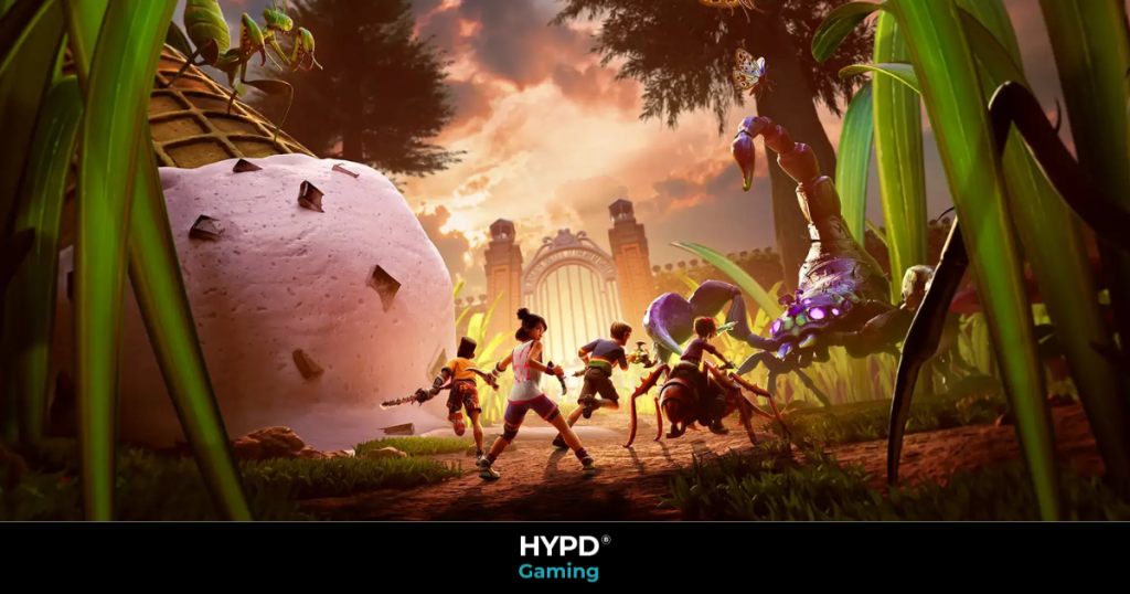 Players facing giant insects in the vibrant backyard world of Grounded 2 at sunset with towering plants and a cookie hut