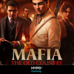 Promotional artwork for Mafia: The Old Country showing Enzo Favara holding a match, surrounded by key crime family members in a Sicilian setting.