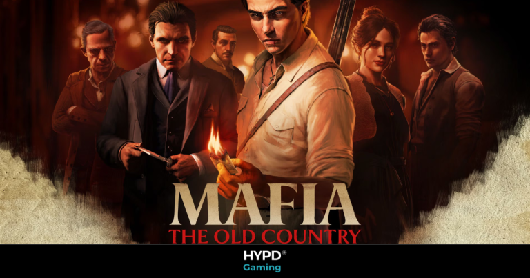 Promotional artwork for Mafia: The Old Country showing Enzo Favara holding a match, surrounded by key crime family members in a Sicilian setting.