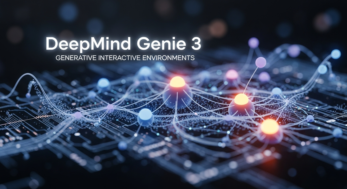 Futuristic visualisation of DeepMind Genie 3’s AI network building interactive game environments with glowing nodes and digital pathways