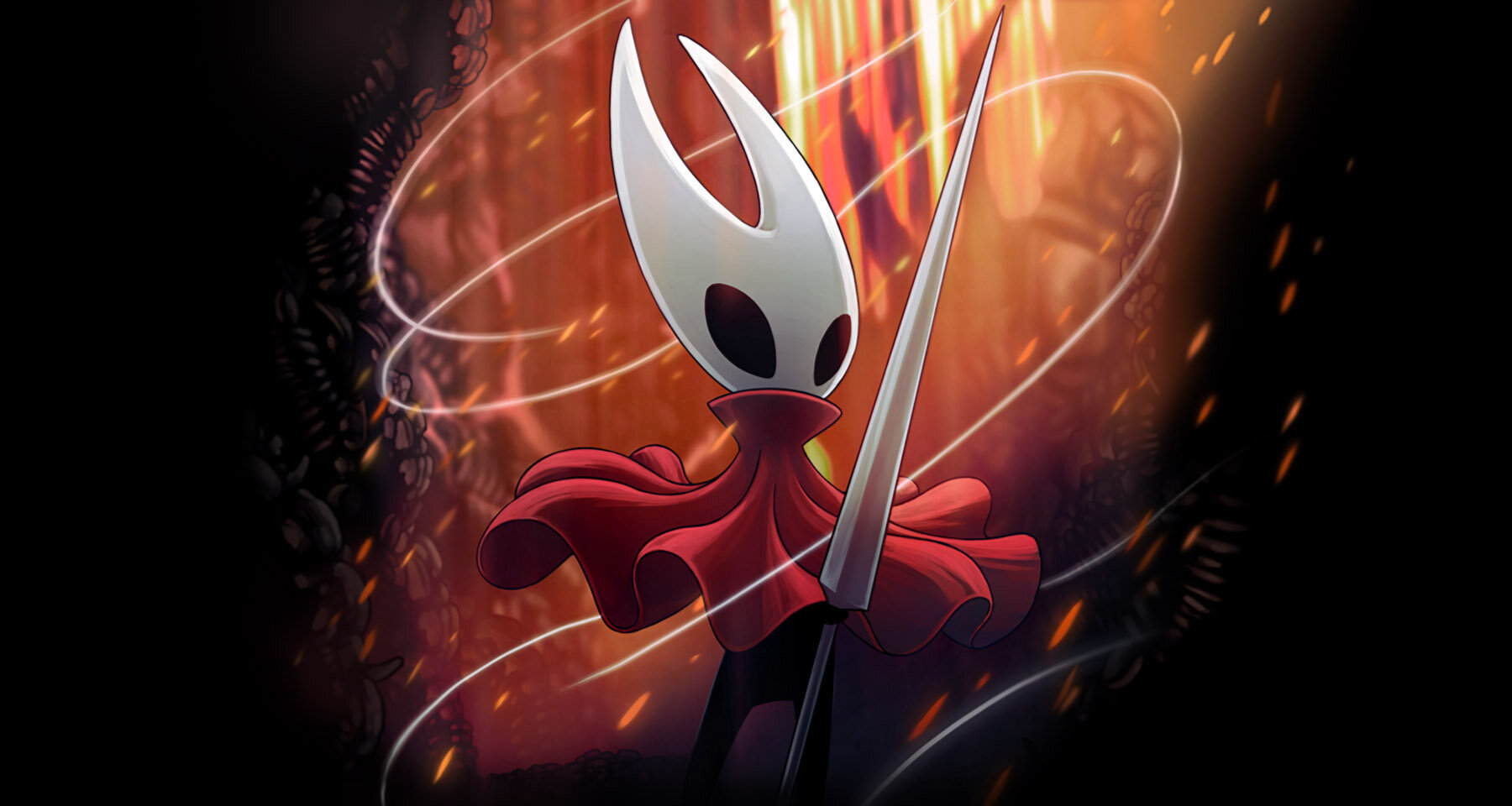 Gaming World News: Hornet wielding her needle weapon in fiery Hollow Knight: Silksong promotional artwork with swirling energy effects
