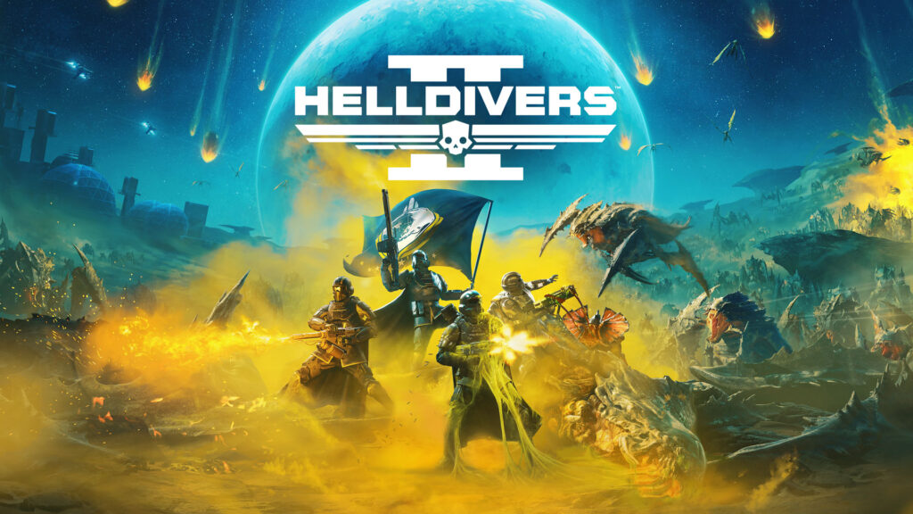 Squad of Helldivers fighting alien creatures with firepower under a glowing planet in Helldivers 2 promotional artwork