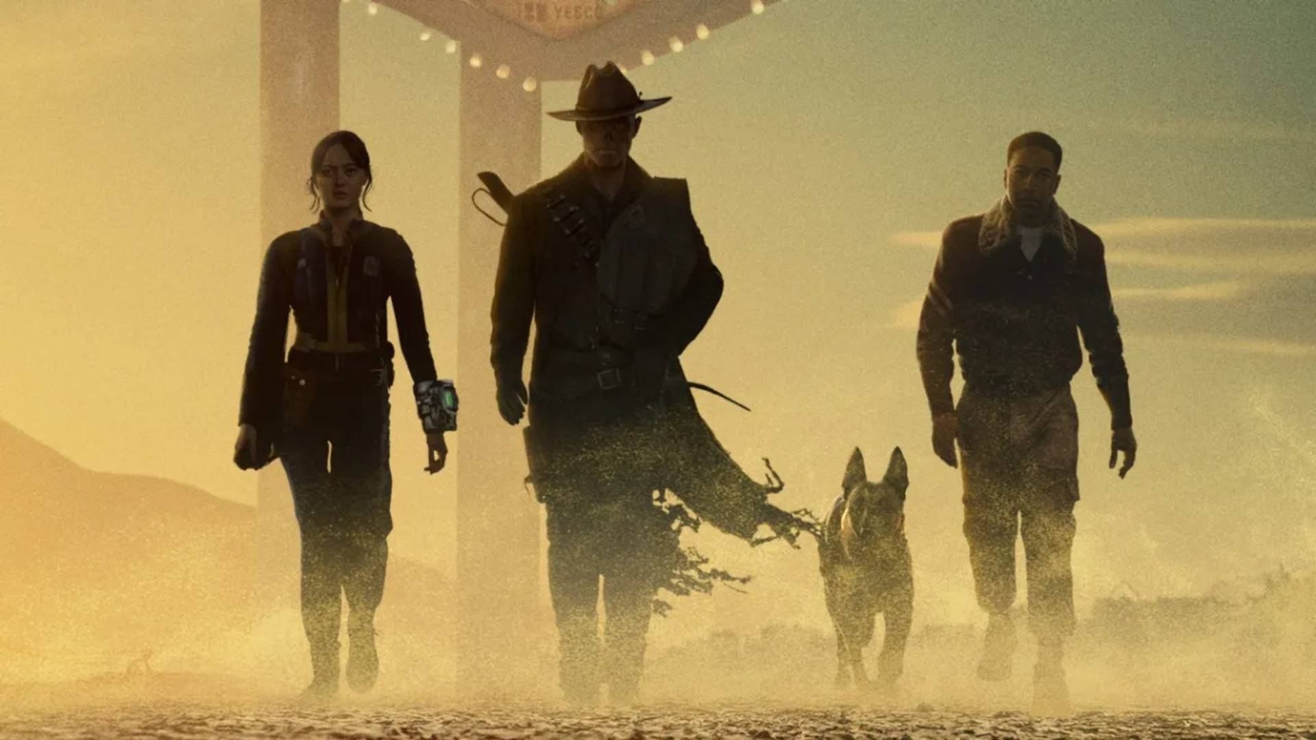 Fallout Season 2 promotional artwork showing Vault Dwellers and Dogmeat walking through a desert wasteland at sunset