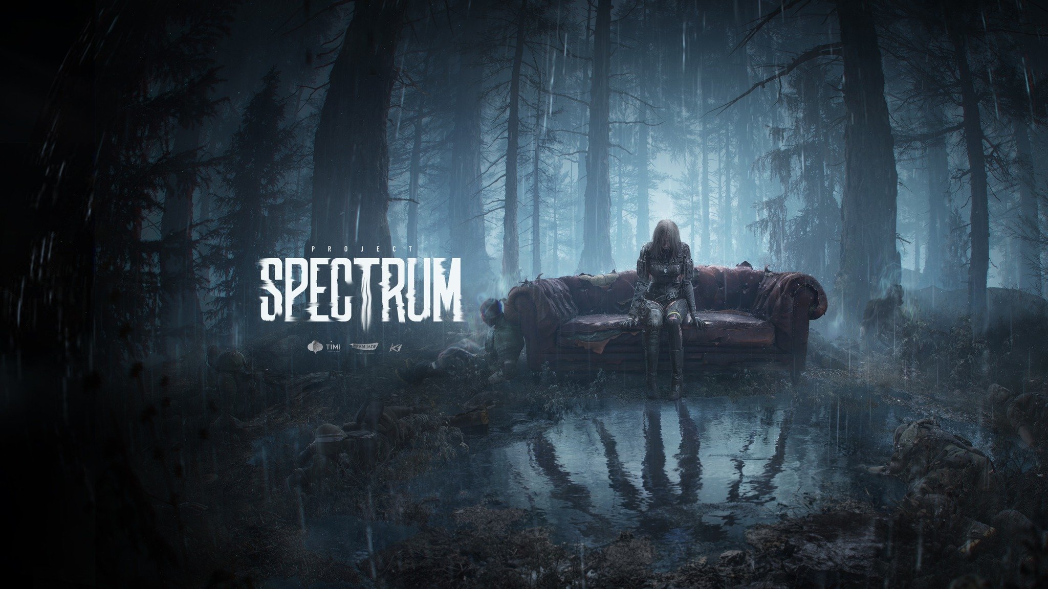 Dark atmospheric artwork for Project Spectrum shown at Gamescom 2025, featuring an armoured figure on a sofa in a rainy forest