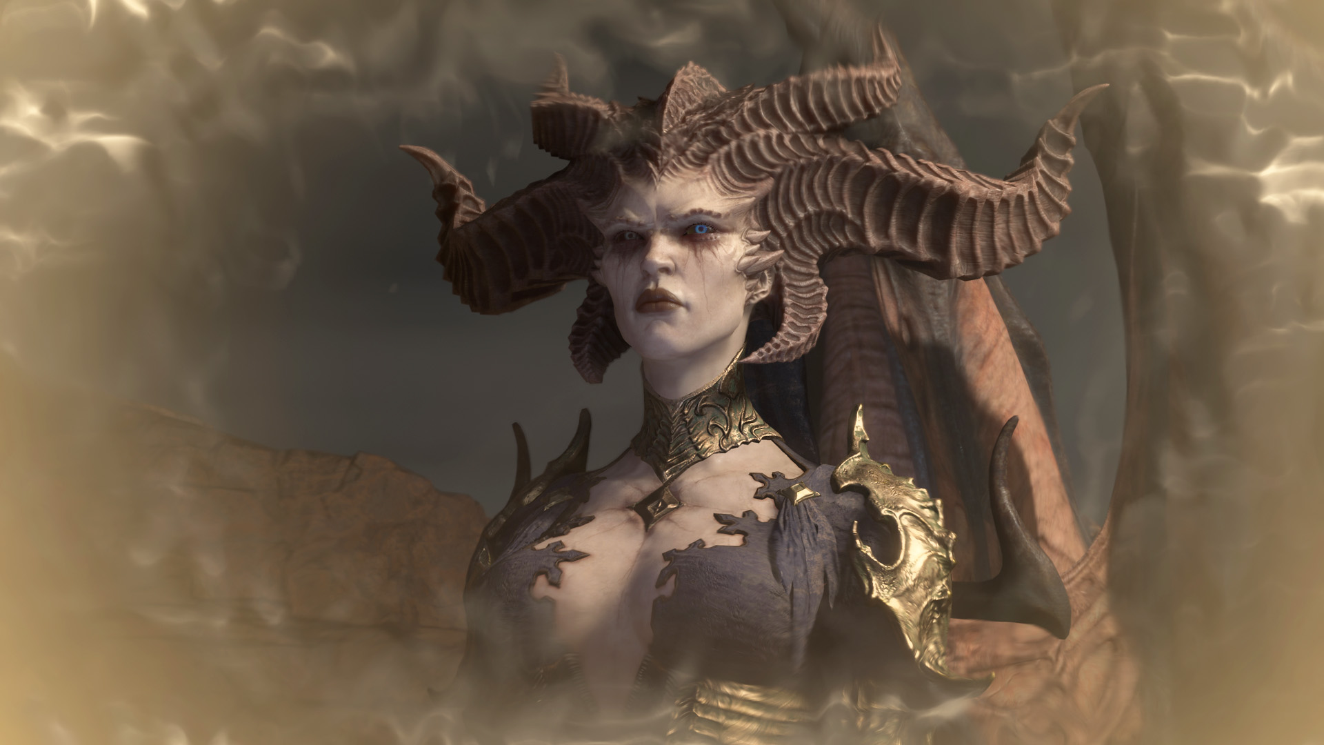 Close-up of Lilith, the main antagonist in Diablo IV, with demonic horns and glowing eyes emerging from smoky shadows.