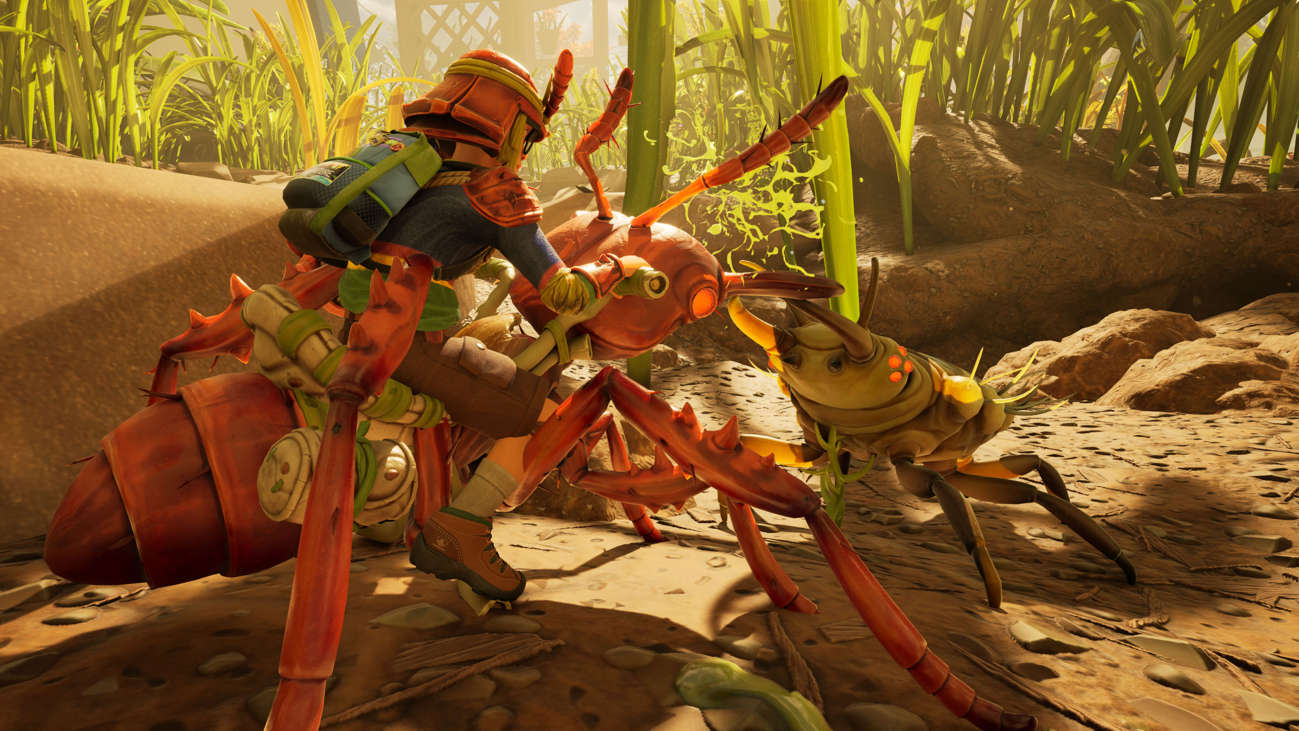 Player rides a giant armoured insect into a dramatic fight against a glowing purple scorpion in Grounded 2’s backyard battleground