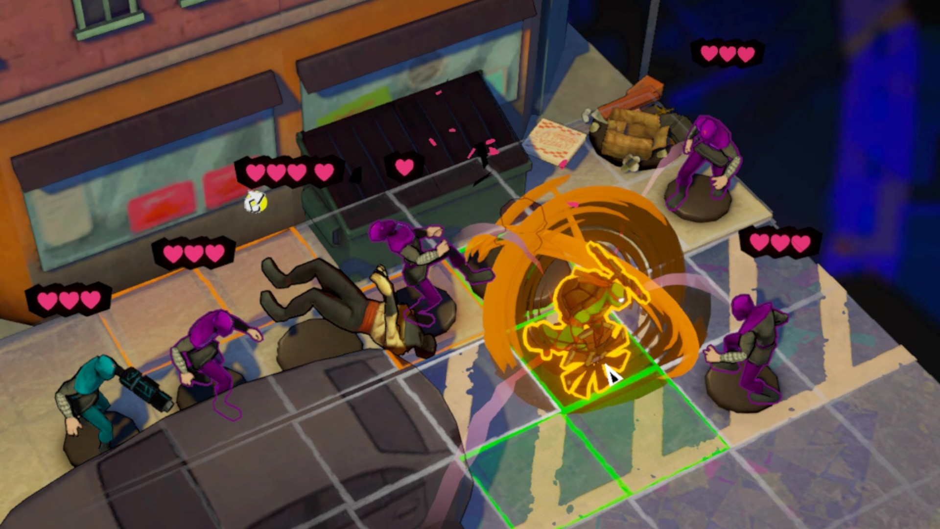Teenage Mutant Ninja Turtles Tactical Takedown gameplay showing a turtle attacking Foot Clan enemies on a tactical grid
