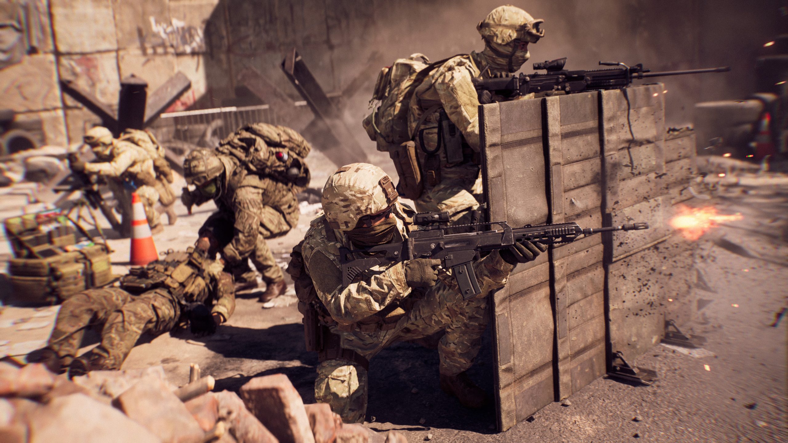 Gaming World News: Soldiers in tactical gear engaging in heavy gunfire during an urban battlefield firefight