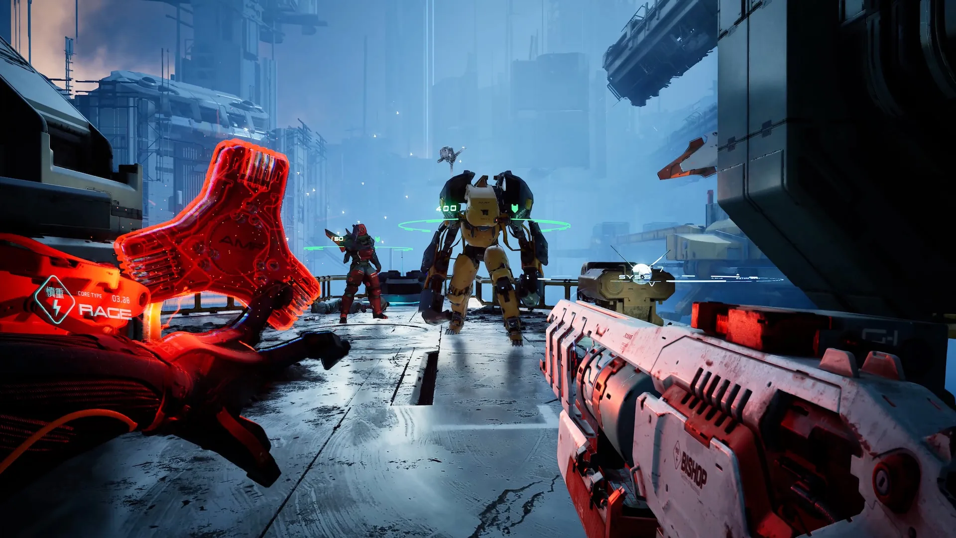 First-person view of combat in Metal Eden featuring futuristic weapons, glowing red HUD, and enemy mechs on a city platform