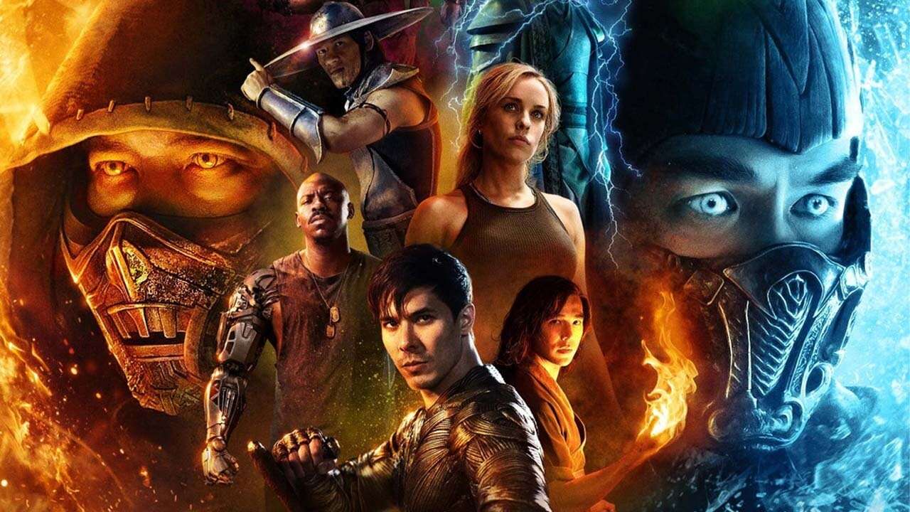 Promotional poster featuring main characters from the Mortal Kombat live-action movie with Scorpion, Sub-Zero, and other fighters
