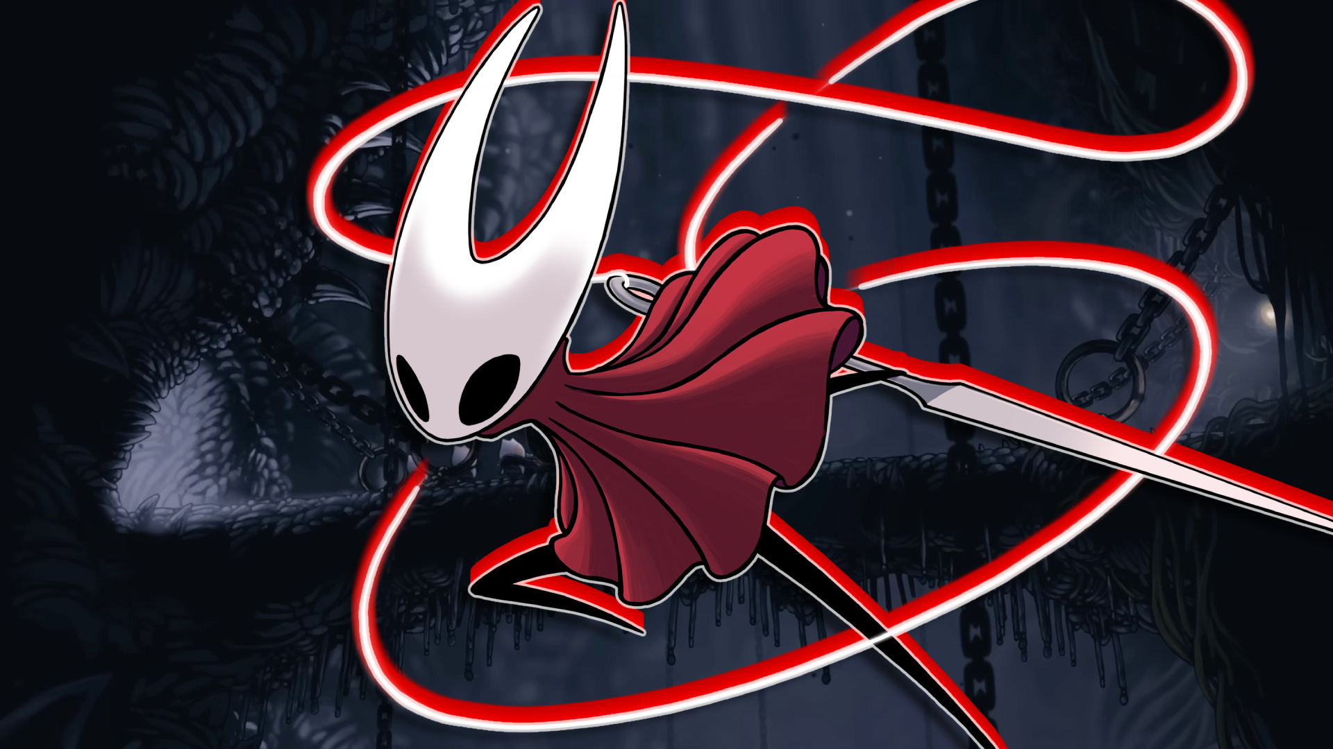 Hornet from Hollow Knight Silksong performing an acrobatic attack with her needle and glowing red thread in a dark cavern