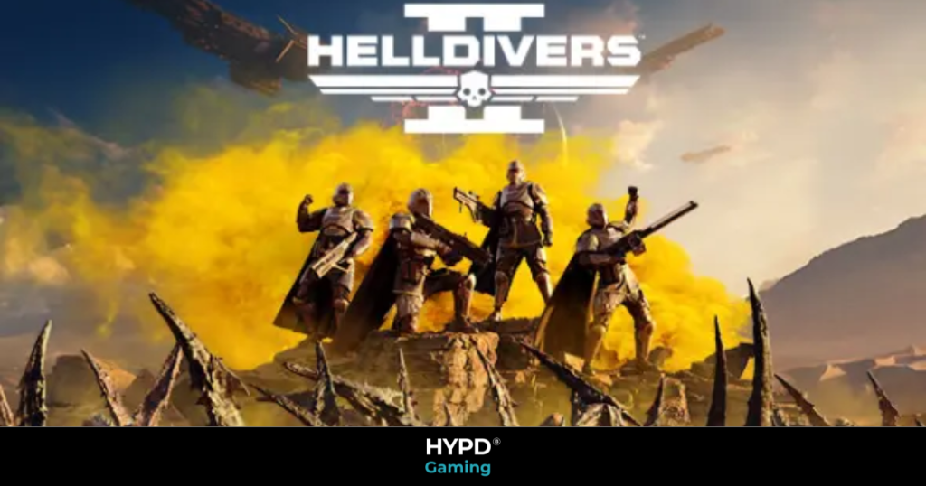 A squad of Helldivers soldiers standing with weapons raised against a yellow smoke-filled battlefield in Helldivers 2.