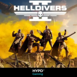 A squad of Helldivers soldiers standing with weapons raised against a yellow smoke-filled battlefield in Helldivers 2.