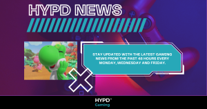 Promotional graphic for HYPD News featuring Yoshi and text highlighting gaming world news updates every 48 hours on Monday, Wednesday, and Friday.