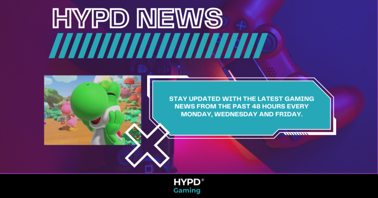 Promotional graphic for HYPD News featuring Yoshi and text highlighting gaming world news updates every 48 hours on Monday, Wednesday, and Friday.